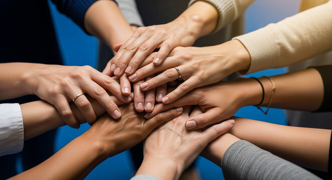 Group of diverse hands creating teamwork and unity