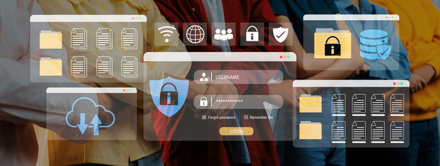 Secure login and file management interface with folder, password, and encryption icons for...
