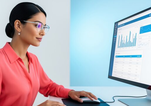Focused businesswoman analyzing financial data charts on a computer screen at work. - Powered by Adobe