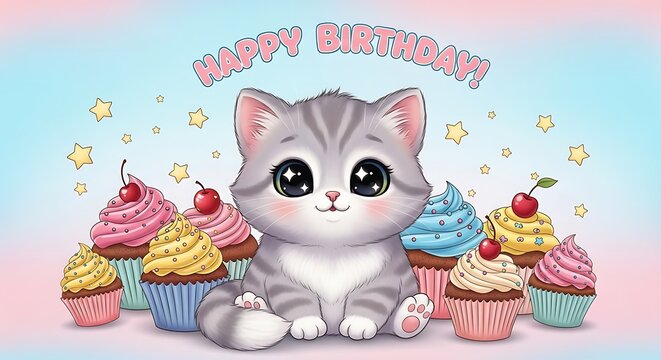 Adorable white cat with cupcakes, confetti, and “Happy Birthday” text, pastel colors, greeting card design, digital illustration