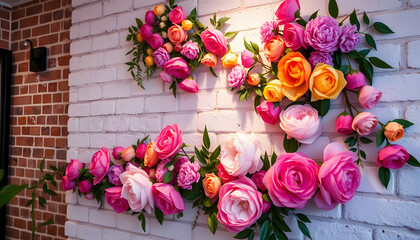 Beautiful decorative colorful roses and peonies on brick white wall. Interior wedding party decor. Wall with curly Flowers. Brick wall with beautiful flowers in room. Summer flowers on wall building
