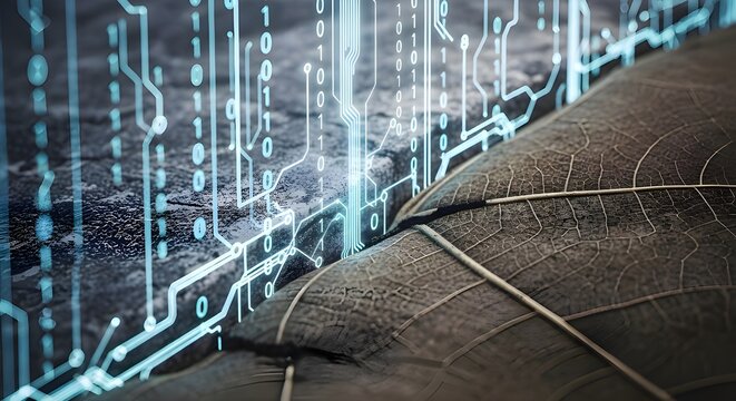 Digital Circuit Board and Binary Code Overlay on a Dry Leaf. Concept of Bio-Technology, Nature Digitization, Sustainable Tech, and Fusion of Organic and Artificial.