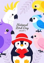 National bird day greeting card with cute birds and penguin cartoon