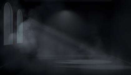 Background of an empty dark room, smoke and dust, clipart style. White tone