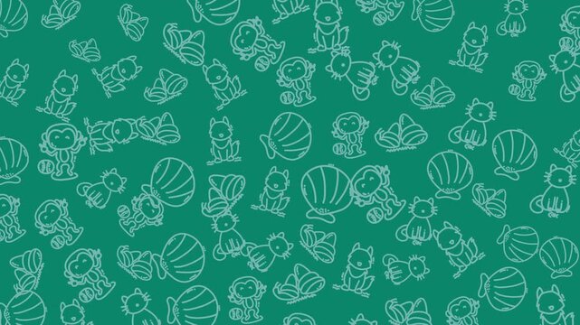 Adorable seamless animal pattern featuring hand-drawn fox, monkey, cat, and whale illustrations. Perfect for kids&rsquo; design, fabric prints, wallpapers, wrapping papers, and playful backgrounds.