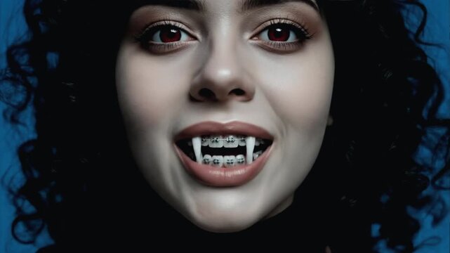 Young Vampire Woman with Braces and Red Eyes in Nosferatu Dress Close-Up on Blue Background