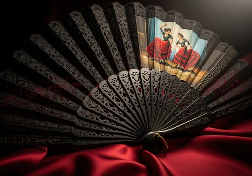 Exquisite antique spanish black hand fan with flamenco dancers painting on luxurious red satin.