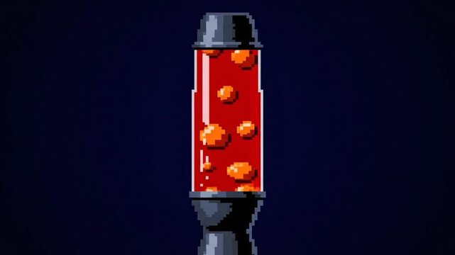 Pixelated illustration of a lava lamp against a dark blue background. Orange globs float inside