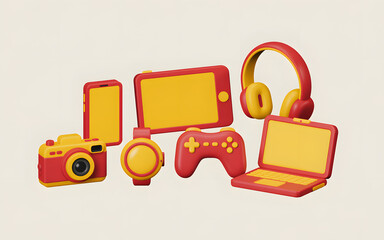 Set of gadgets for gaming and everyday use in red and yellow color on beige background render 3d illustration