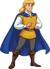 Handsome Fairy Tale Prince Cartoon Character Standing in Heroic Pose Wearing Royal Blue Cape and Golden Tunic, Smiling, Adventure, Fantasy.