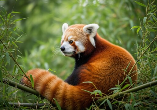 Red panda with thick reddish fur resting on a bamboo branch in a dense jungle.