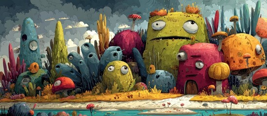 Colorful, whimsical creatures inhabit a fantastical island.  