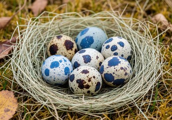 Obraz premium Speckled brown and deep blue eggs resting in a straw nest on mossy ground.