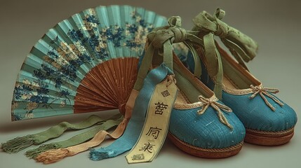 Pair of ornate, blue shoes with a fan. Ribbons and tassels complete the scene