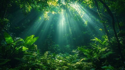Lush jungle sunlight beams through dense foliage