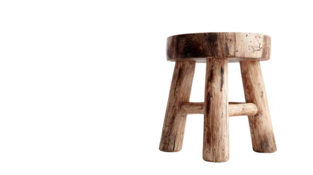  Simple wooden stool with natural finish and sturdy legs for home or cafe seating isolated on white background