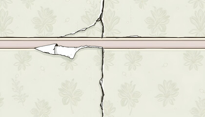 Open wallpaper seam on damp walls, peeling wallpaper seam repair, hand-drawn digital illustration. White tone