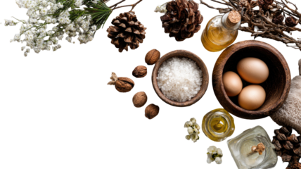  Collection of pinecones, green plants, and speckled eggs arranged naturally isolated on white background