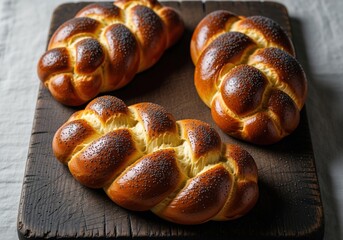 Three freshly baked golden braided challah bread loaves with poppy seeds