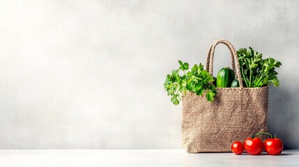 A woven tote bag overflowing with fresh produce, including cucumbers and leafy greens, sits on a surface with three ripe tomatoes nearby.