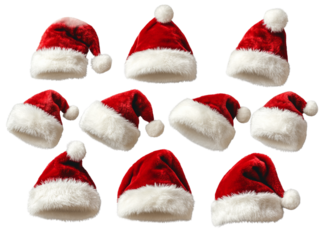 Set of Red Santa Claus Christmas Hats with White Fur Trim Isolated PNG
