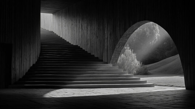 Ascending to Illumination: A striking black and white photo showcases a staircase leading towards an archway, allowing a stream of light to flood the scene.