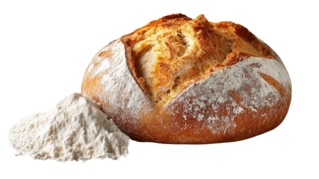 Fresh rustic loaf of bread dusted with flour on wooden surface showcasing artisan baking isolated on white background