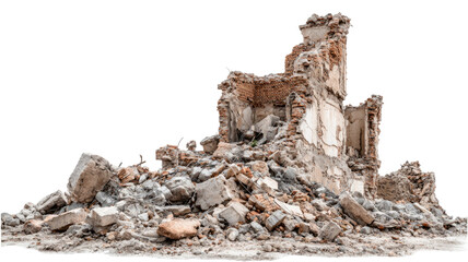  Abandoned ruined building surrounded by rubble and debris showing decay and destruction isolated on white background