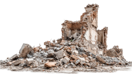  Abandoned ruined building surrounded by rubble and debris showing decay and destruction isolated on white background