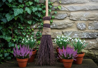 Vintage twig broom, purple heather, and snowdrops in terracotta pots by a stone wall.