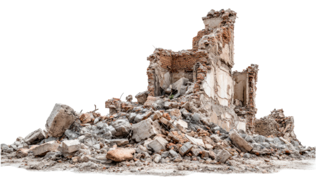  Abandoned ruined building surrounded by rubble and debris showing decay and destruction isolated on white background
