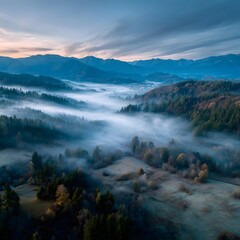 drone shot of mountain landscape with mist and sunrise, smooth forward motion, epic cinematic mood, 4K HDR
