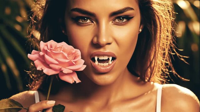 Tanned Vampire Woman Holding Pink Rose Outdoors Revealing Fangs Close-Up