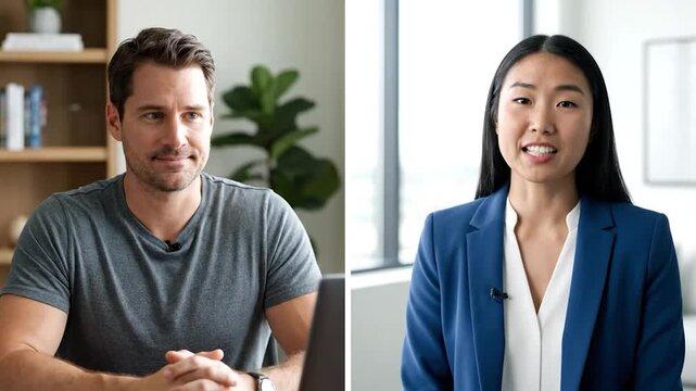 A split-screen image showing a man talking and a woman in a blue blazer. One appears to be presenting