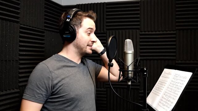 A man wearing headphones in a soundproof room, speaking into a microphone with sheet music nearby