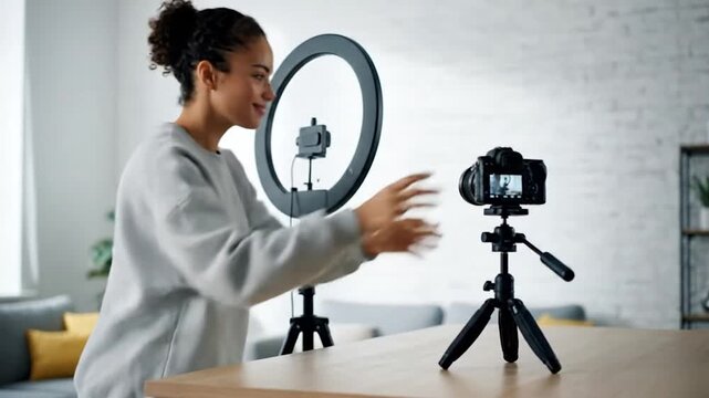 A young woman setting up a camera and ring light for recording or streaming content