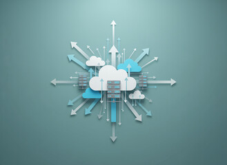 Centralized cloud computing technology concept illustrating digital data transfer, information flow, and global network connectivity