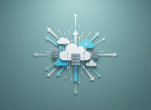 Centralized cloud computing technology concept illustrating digital data transfer, information flow, and global network connectivity