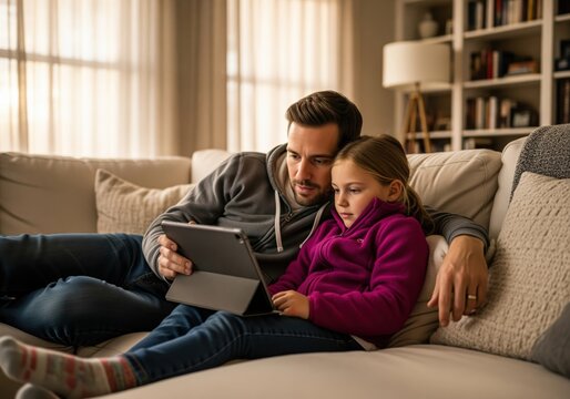 Cozy moment of a father and daughter sitting on a sofa using a modern digital tablet