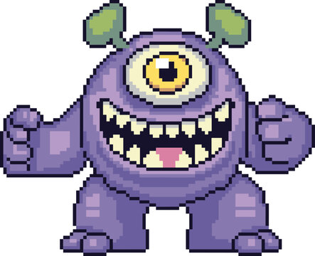 Pixel art cartoon monster, purple body, one eye, sharp teeth, green antennae, retro style, vector illustration, digital artwork, fantasy creature