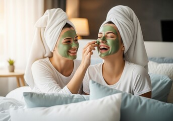 Happy women laughing while applying green facial mask during a relaxing home spa day.