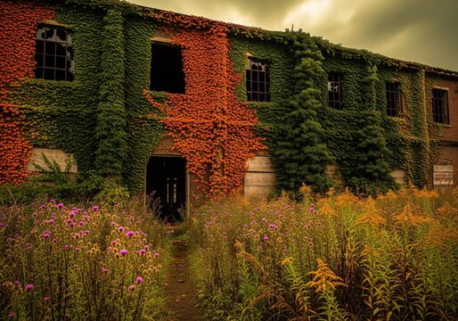 Moody abandoned industrial building facade covered in contrasting red and green ivy