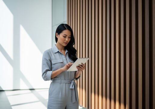 Professional asian woman using a digital tablet in a modern corporate office interior