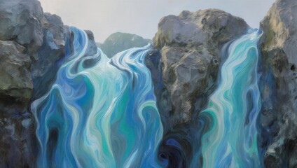 Abstract Blue and Green Flowing Liquid Over Rocky Terrain.