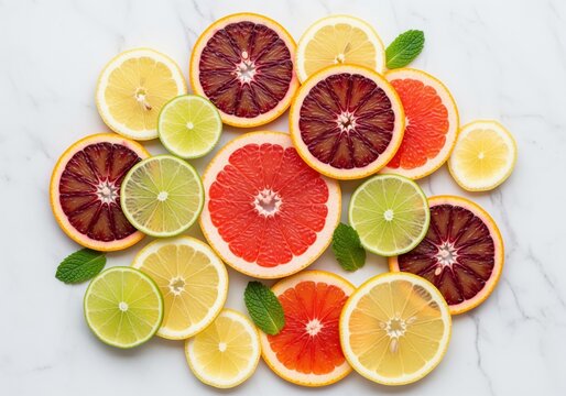 Vibrant assorted citrus fruit slices including lemon lime and grapefruit on marble. - Powered by Adobe