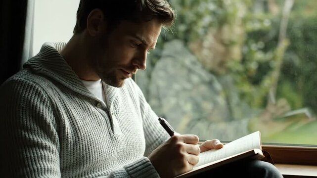 A person sits near a window, writing in a notebook with a pen, contemplative and thoughtful