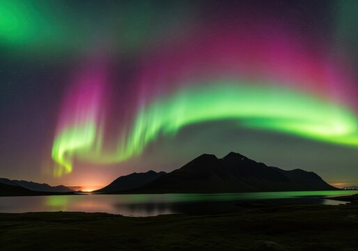 Spectacular green and pink northern lights aurora borealis above mountain range and lake.
