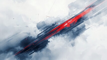 Dynamic Abstract Composition with Bold Red Accent and Geometric Forms