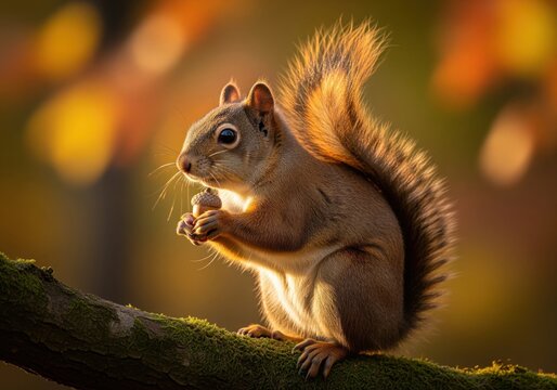 North american red squirrel holding an acorn on a mossy branch in autumn light.
