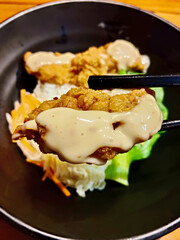 Close-up of Chicken Karaage Donburi with Sauce